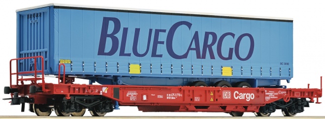 Flat car in DB Cargo livery with trailer "Blue Cargo"<br /><a href='images/pictures/Roco/179256.jpg' target='_blank'>Full size image</a>